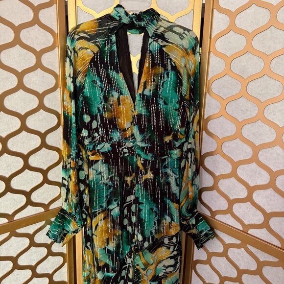 Karen Millen Size 10 NEW Green Metallic Iridescent Long Sleeve Column Midi Dress - Picture 6 of 16